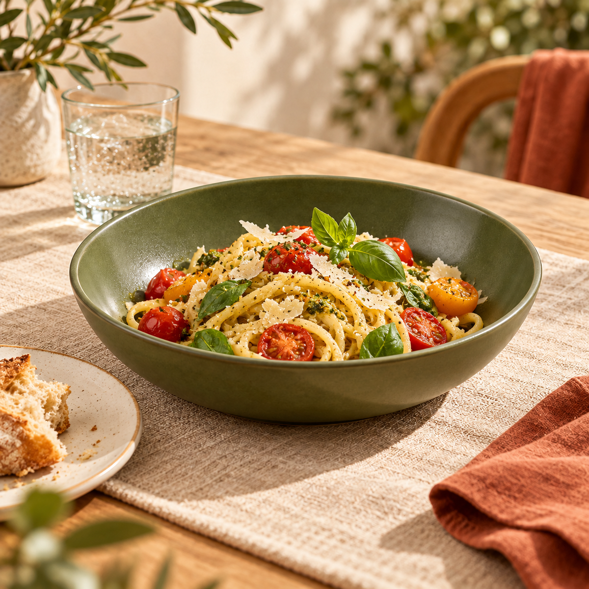 Olive Ceramic Pasta Bowl styled in a dining scene — AI-generated illustration; props not included