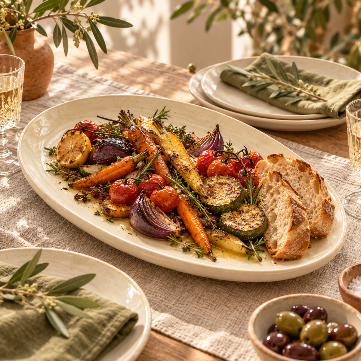 Gather Ceramic Oval Platter styled in a dining scene — AI-generated illustration; props not included