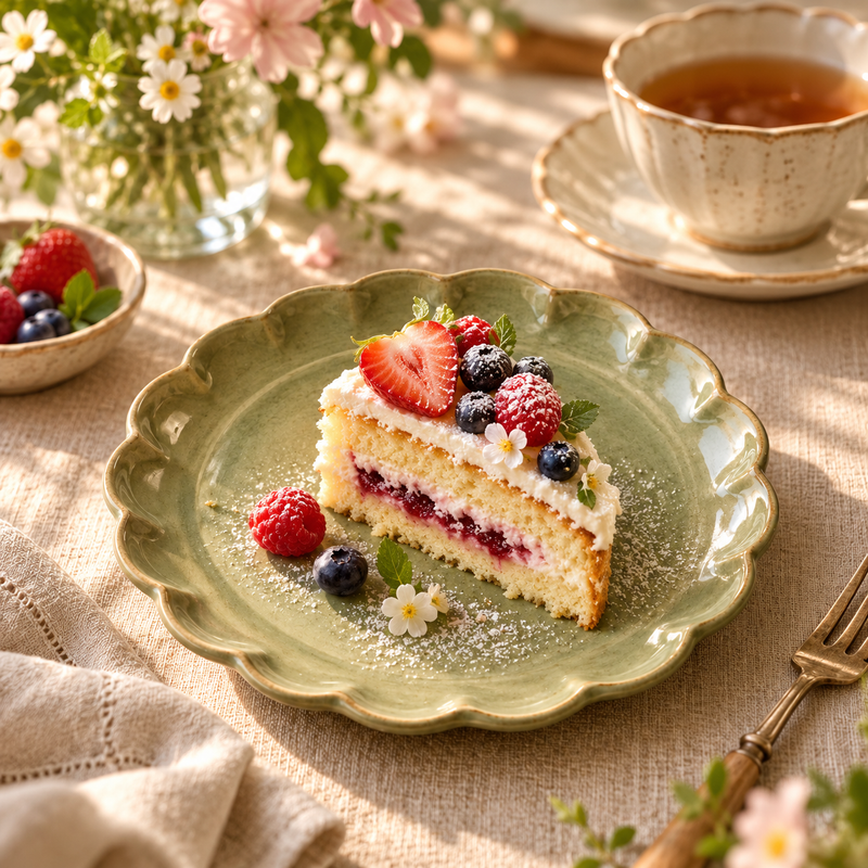 Sage Ceramic Dessert Plate styled in a dining scene — AI-generated illustration; props not included
