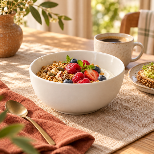 Chalk Ceramic Breakfast Bowl styled in a dining scene — AI-generated illustration; props not included