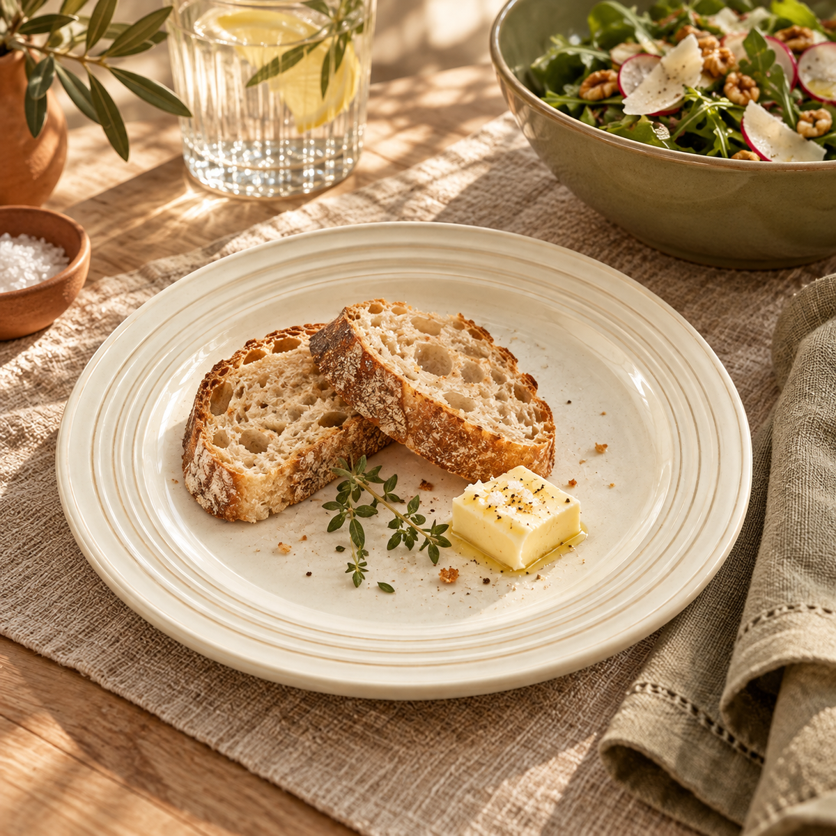 Ivory Ceramic Side Plate styled in a dining scene — AI-generated illustration; props not included