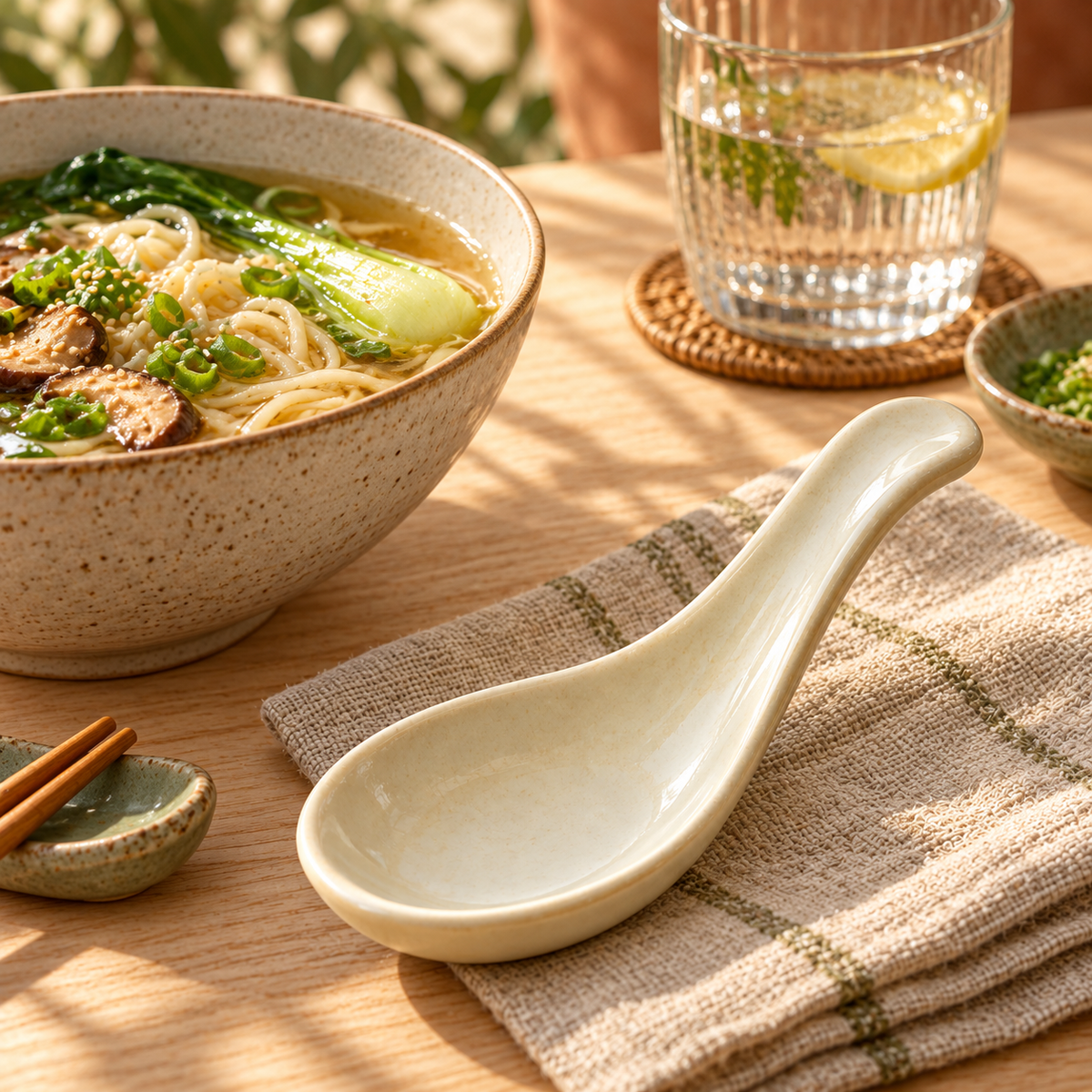 Ivory Ceramic Soup Spoon styled in a dining scene — AI-generated illustration; props not included