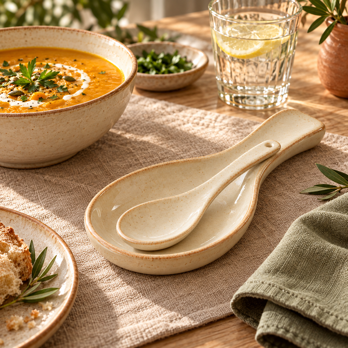 Ivory Ceramic Spoon Rest styled in a dining scene — AI-generated illustration; props not included