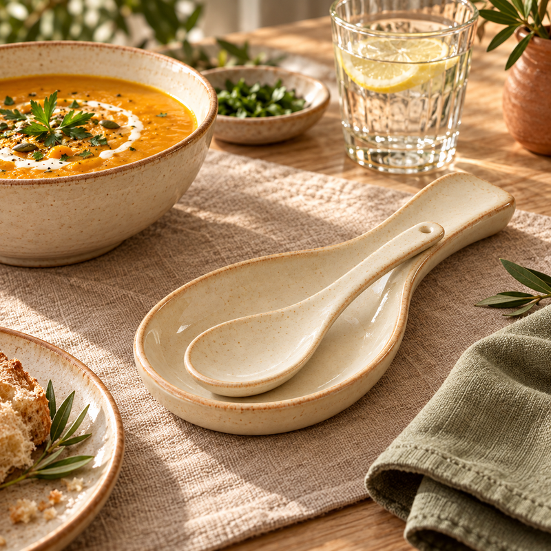 Ivory Ceramic Spoon Rest styled in a dining scene — AI-generated illustration; props not included