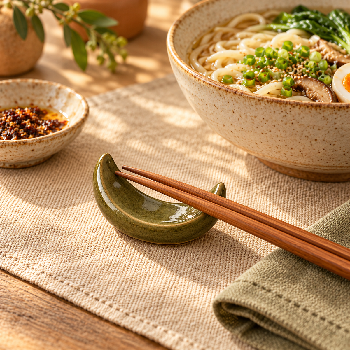 Olive Ceramic Chopstick Rest styled in a dining scene — AI-generated illustration; props not included